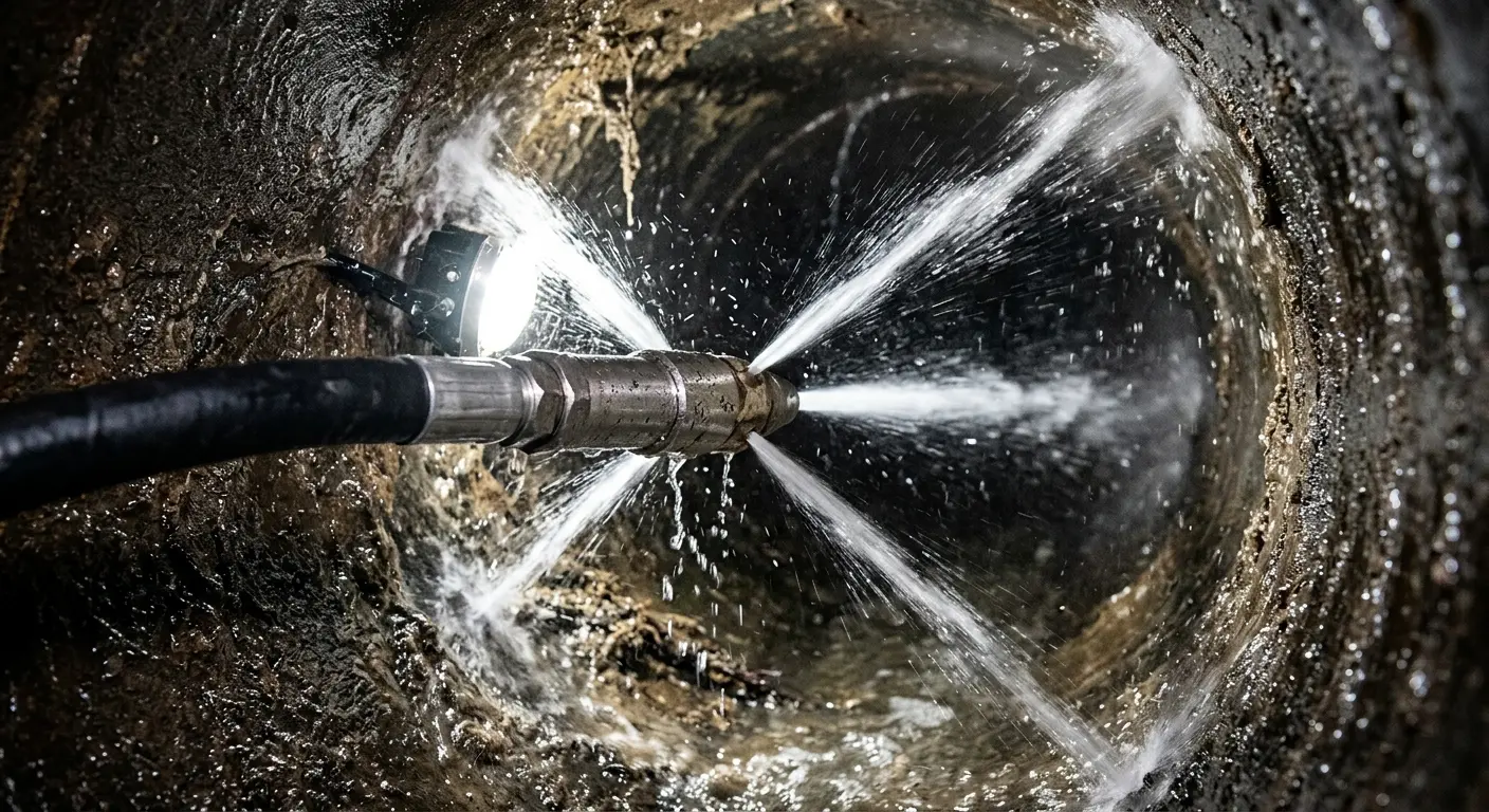 High-pressure hydro jetting nozzle cleaning sewer pipe for Sewer Cleanout in Barnstead