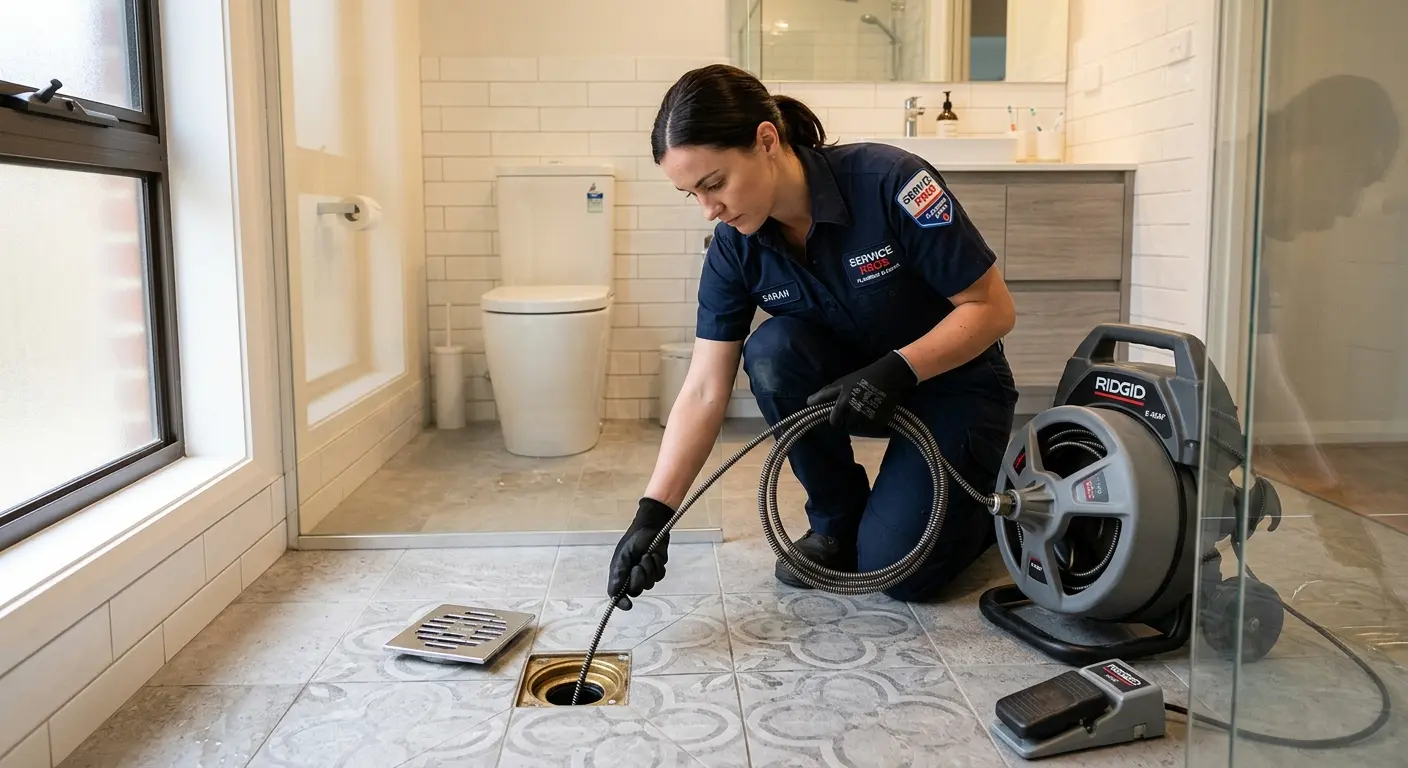 Technician clearing a bathroom floor drain for Drain Cleaning in Barnstead